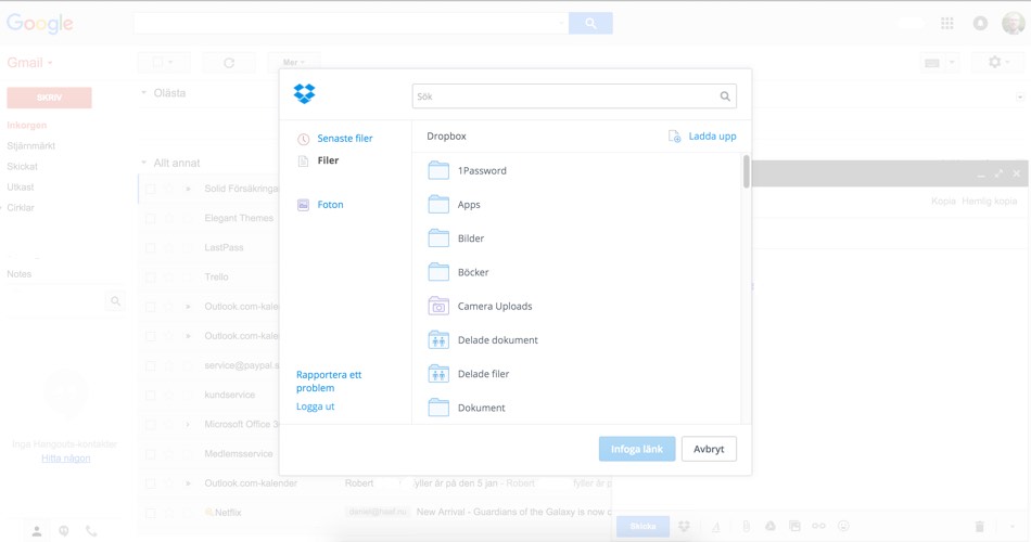 Bifoga filer från Dropbox till Gmail