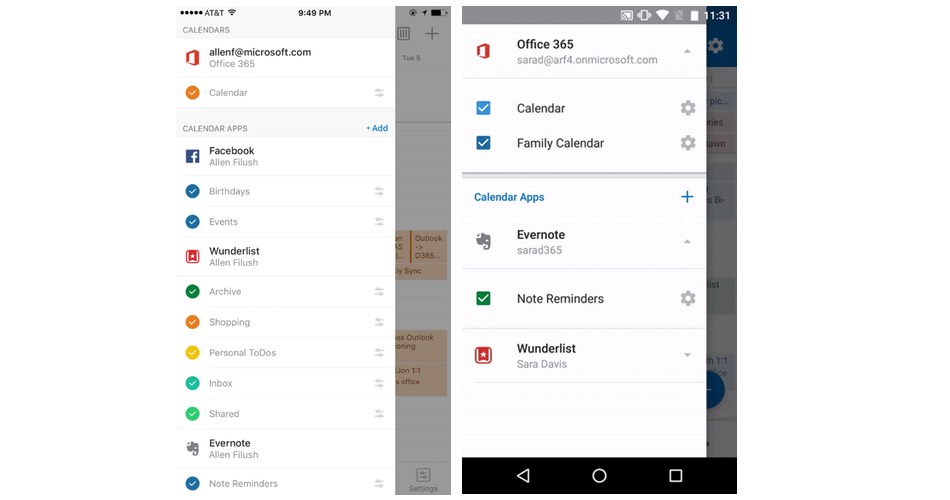 Outlook Wunderlist Facebook Evernote