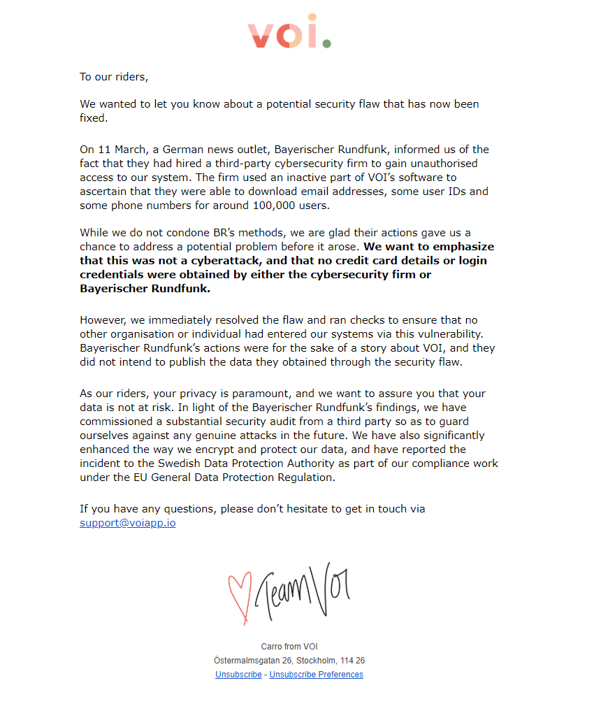 Elsparkcykelföretaget Voi läcker 100 000 användaruppgifter 44 voi meddelande lackta uppgifter