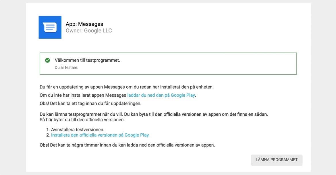 google app messages testprogram