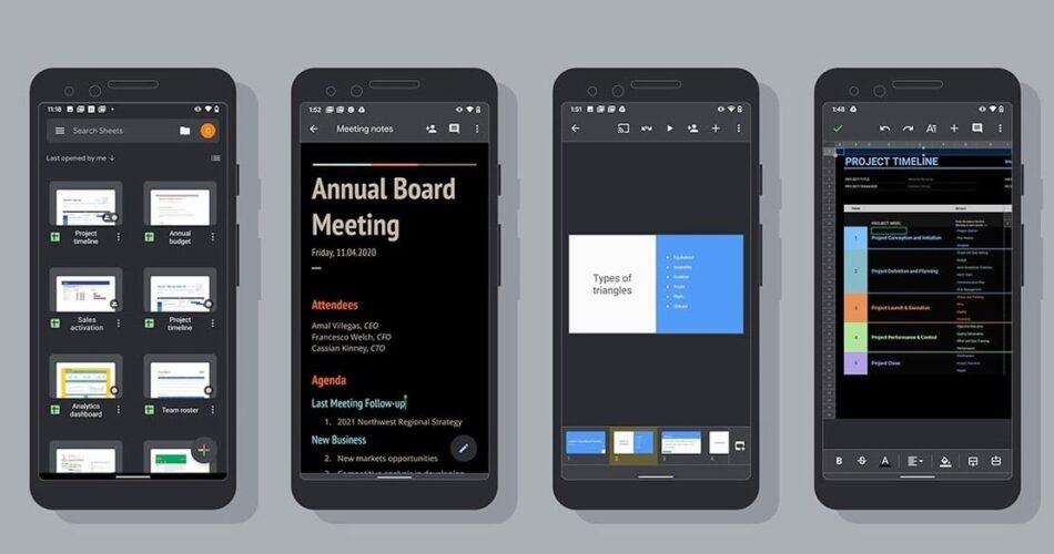 google apps docs sheets presentation dark mode 2020 android