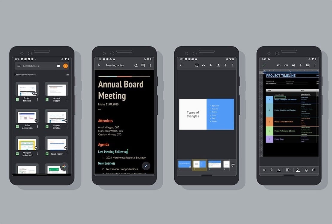 google apps docs sheets presentation dark mode 2020 android