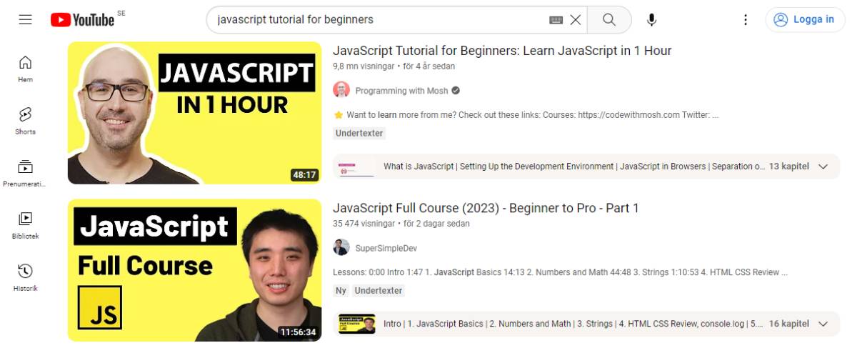 Lär dig Javascript – bästa tipsen & guider 44 Youtube skärmdump Javascript