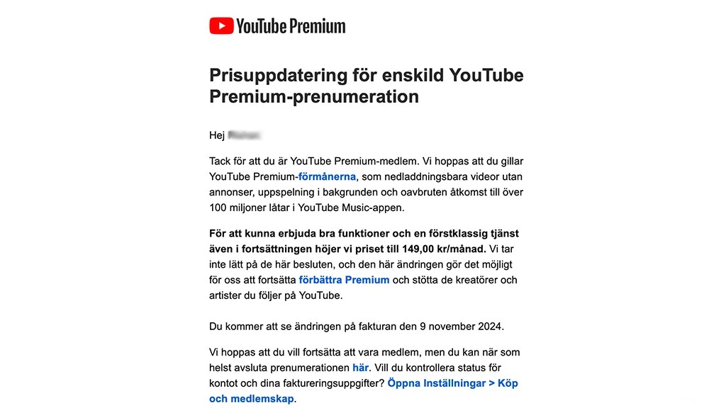 youtube premium prishojning oktober